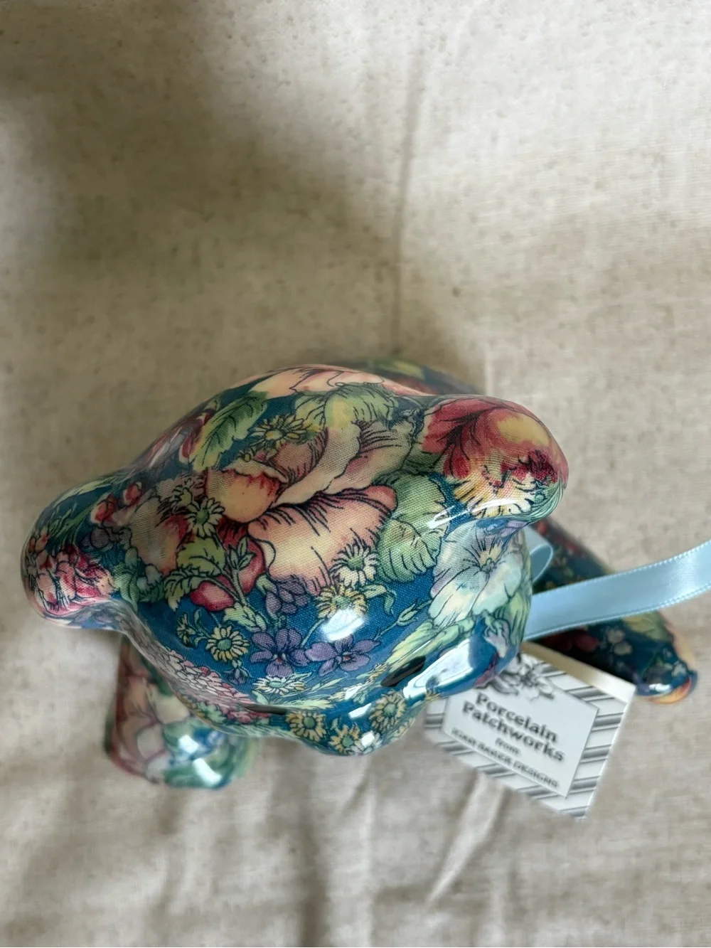 Joan Baker Porcelain Patchworks Teddy Bear Figurine with Blue Floral Pattern